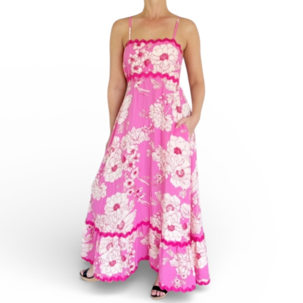Easel pink white floral print zigzag trim spaghetti strap maxi dress size small